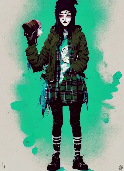 Image similar to highly detailed portrait of a sewer punk lady student, blue eyes, tartan hoody, hat, white hair by atey ghailan, by greg rutkowski, by greg tocchini, by james gilleard, by joe fenton, by kaethe butcher, gradient green, black, brown and magenta color scheme, grunge aesthetic!!! ( ( graffiti tag wall background ) )