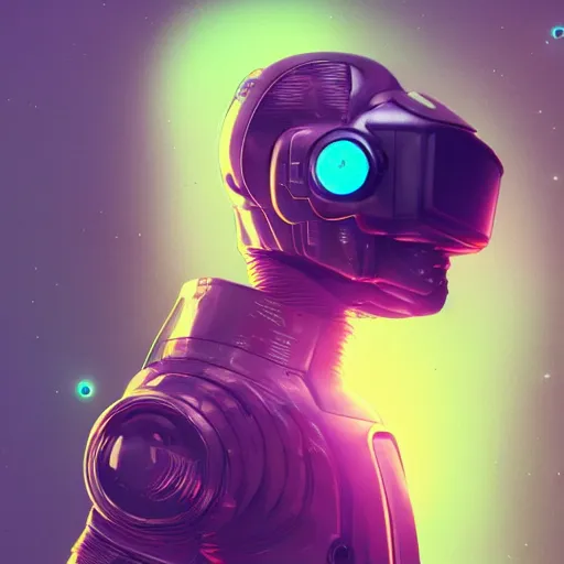 Image similar to cyberpunk astronaut bot, cinema 4 d, galaxy, ufo, space sci - fi, wearing vr goggles, illustration, portrait, pastel neon textured background night, trending on artstation, greg rutkowski, octane rendered, 1 2 k, detailed,