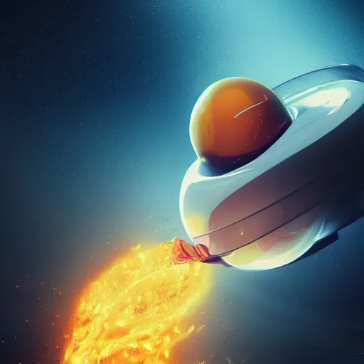 Image similar to digital art, trending on artstation, a person with a fried egg face traveling in a spaceship, cinematic, motion blur