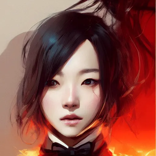 Prompt: portrait of a beautiful korean girl wearing a men's tuxedo, with bangs, long hair and bangs, angular features, angry expression, dramatic lighting, illustration by Greg rutkowski, yoji shinkawa, 4k, digital art, concept art, trending on artstation