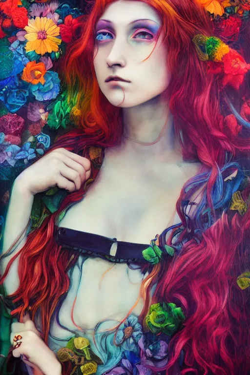 Prompt: pre-raphaelite punk rock dark rainbow noir anime girl painting, floral detail, photo by Annie Leibovitz, Anton Fadeev