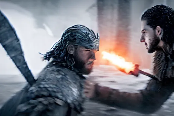 Image similar to very very intricate photorealistic photo of jon snow fighting the night king, photo is in focus with detailed atmospheric lighting, award - winning details