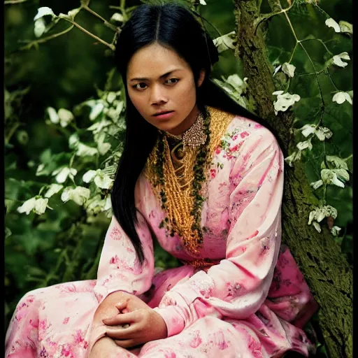 Image similar to photography of the asian queen sitting in the flower thorn, beautiful face, masterpiece costume, jewellery, high quality, elegant, emotionally touching, cool, deep gaze, mystery, tenderness, annie leibowitz style