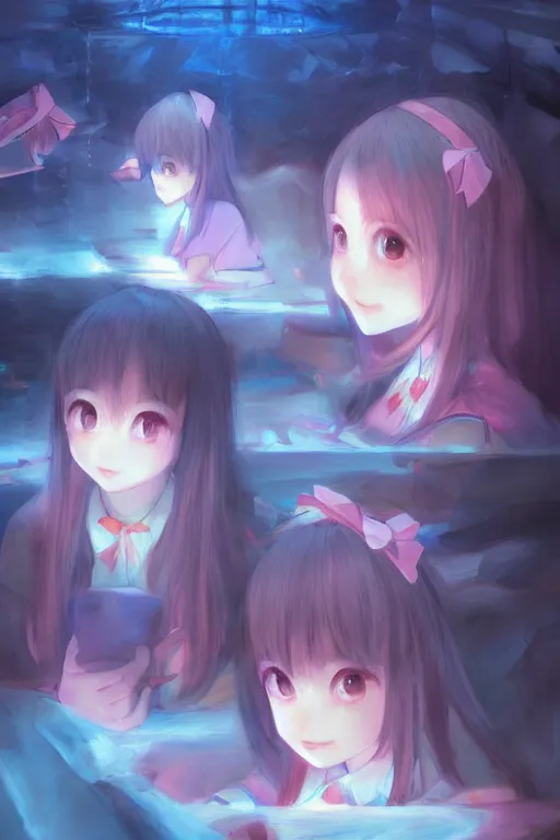 Prompt: 3d infrared octane render concept art by Mo Xiang Tong Xiu, by Igarashi Daisuke, by makoto shinkai, cute beauty cozy portrait anime schoolgirls under dark pink and blue tones, mirror room. light rays. water bellow. smooth cute pretty face. big eyes. dramatic light, trending on artstation, oil painting brush