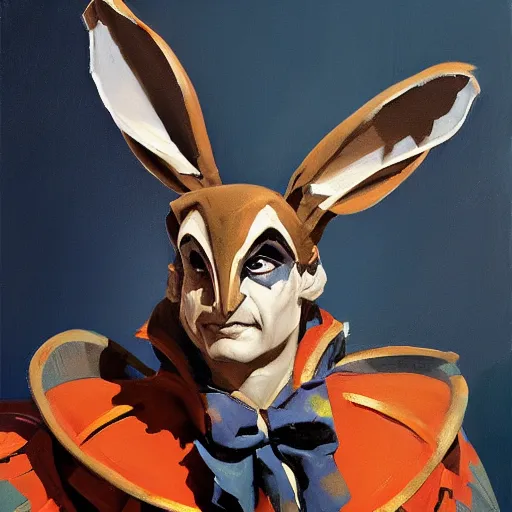 Image similar to greg manchess portrait painting of partially armored of the march hare from alice in wonderland as overwatch character, medium shot, asymmetrical, profile picture, organic painting, sunny day, matte painting, bold shapes, hard edges, street art, trending on artstation, by huang guangjian, gil elvgren, ruan jia, randy vargas, greg rutkowski