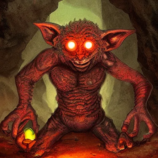 Prompt: a goblin made out of rocks, with glowing red eyes, in a cave, like magic the gathering, by christopher rush, hd, digital art