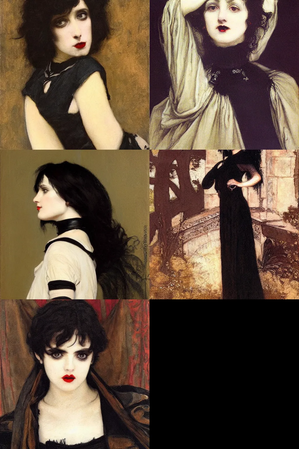 Prompt: goth painted by edwin austin abbey. high - quality character portrait. dark brown messy pixie cut, slightly rounded face, pointed chin, black eyes!!!, small nose, black tank top, black leather jacket, black knee - length skirt, black choker.