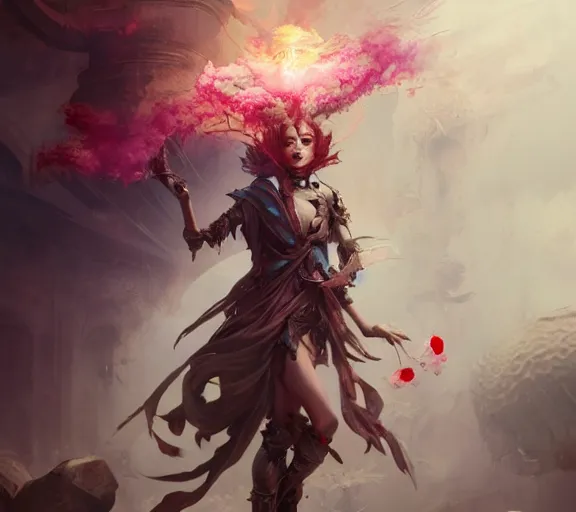 Prompt: beautiful girl necromancer covered with glass exploding into blood, 3 d render, hyper realistic detailed portrait, holding magic flowers, ruan jia, wlop. scifi, fantasy, hyper detailed, octane render, concept art, peter mohrbacher