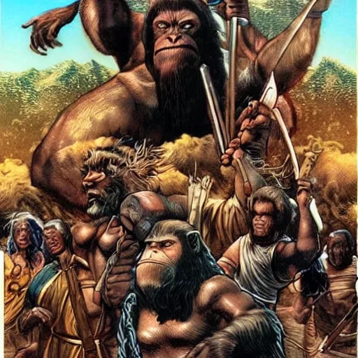 Image similar to Moses and the planet of the apes in middle Earth by Joe Jusko