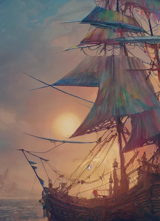 Prompt: detailed concept art illustration colorful pastel painting of a pirate ship in full intricate sails, ultra detailed, digital art, octane render, 4K, dystopian, micro details