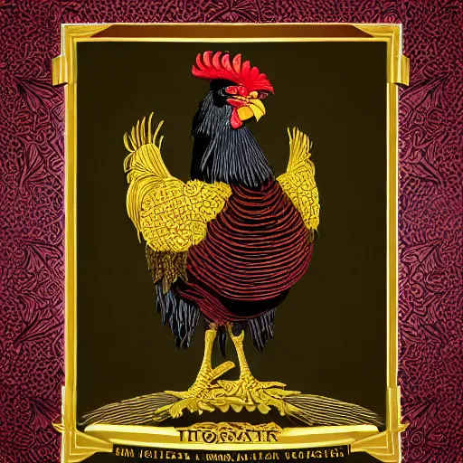 Prompt: dark military portrait of a majestic Fat!!!! Black Rooster, the King of rooster, red gold black royal tarot card background with green and purple dense Cannabis Leaves, ultra-detailed pen and ink illustration, impossible fine lines and details, vibrant red and gold colour, sharp focus, matte painting, symmetrical, golden ratio, concept art, 8k, octane render, trending on artstation, art by greg rutkowski and alphonse mucha and by john kenn mortensen