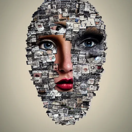 Image similar to a head-shaped chaotic collage made out of fragments of printed images taken from the internet, fashion magazines, and family photographs all coming together to form a hybrid face shape with twisted features in the Dadaesque style, mixed media