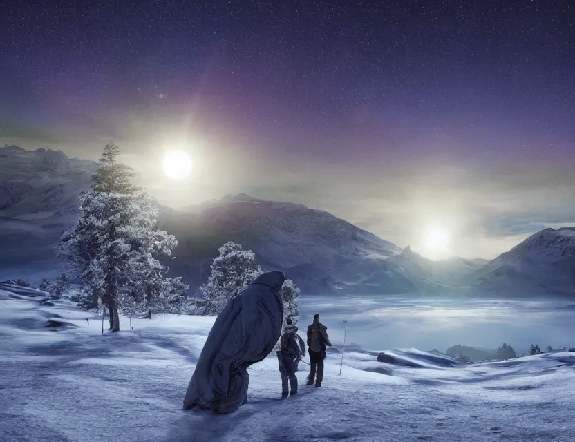 Image similar to fully photorealistic hdr eclipse at sunrise on snowy aurora dramatic mountaintop, distant glowing figures, masterpiece composition, art by john collier, albert aublet, artem demura, alphonse mucha, sharper luminescent focus, nd 6, hdr, movie still, cinematic diffuse lighting, artstation, textless, sharp focus