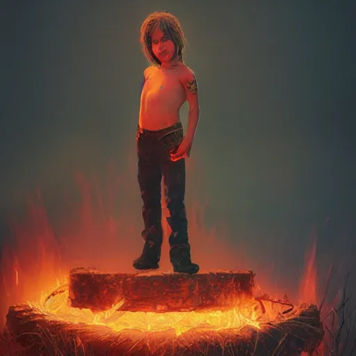 Image similar to 80's heavy metal kid standing in a fire ring, illustration, artgerm, octane render, inspired by Greg rutkowski, colorful, studio lighting, full body,