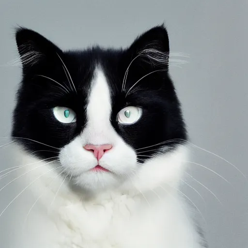 Image similar to fluffy tuxedo white cat portrait, white cheeks, aesthetic highly detailed soft fur and paws, professionally shot photorealistic 8k photograph, 35mm Canon EOS R3, rendered in octane, by Natalie Große and Jason Allison