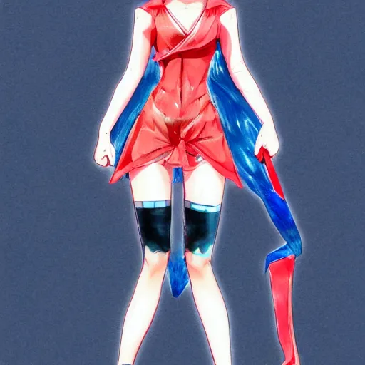 Prompt: a perfect, realistic professional digital sketch of a J-Pop idol girl in style of Marvel, full length, by pen and watercolor, by a professional Chinese Korean artist on ArtStation, on high-quality paper