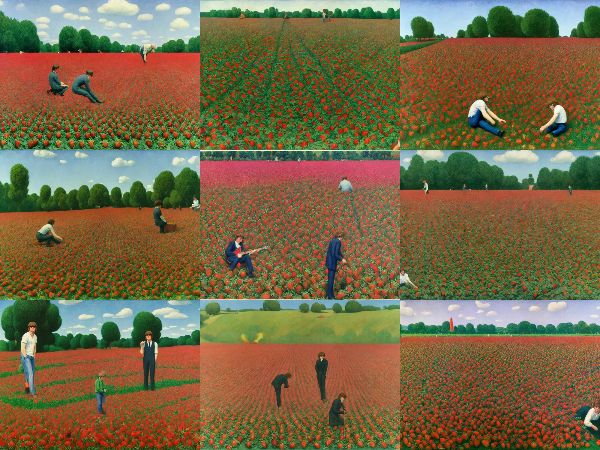 Prompt: john lennon playing strawberry fields forever in a strawberry field full of giant strawberries to a crowd of many heather locklears, painting by james jean and edward hopper and rene magritte