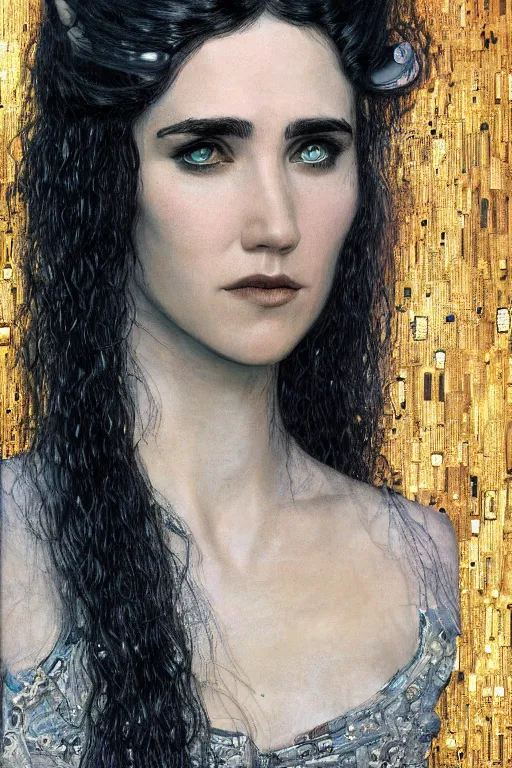 Image similar to portrait of young beautiful gothic Jennifer Connelly, cyberpunk, Warhammer, highly detailed, artstation, illustration, art by Gustav Klimt