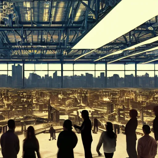 Prompt: large group people in a warehouse, looking at hologram model of futuristic city on a table, cinematic concept art, godrays, golden hour, natural sunlight, 4 k, clear details, tabletop model buildings, tabletop model, hologram center