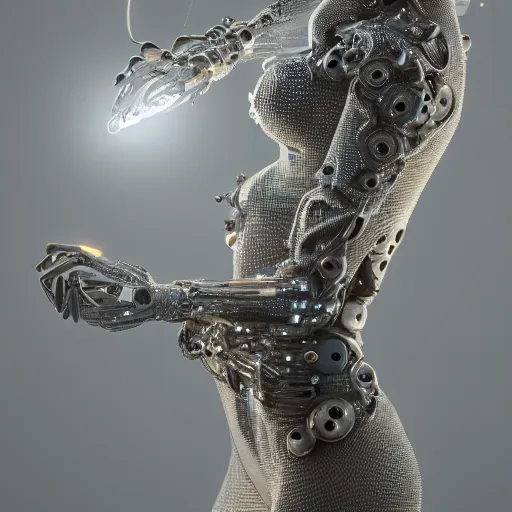 Image similar to woman full body, ethereal, biomechanical, cyberpunk, covered in diamonds and other gems glowing, elegant posed intricate, extremy detailed andrew chiampo, frederik heyman, beeple, cgsociety, artstation. cinematic lighting, highly detailed 4 k art