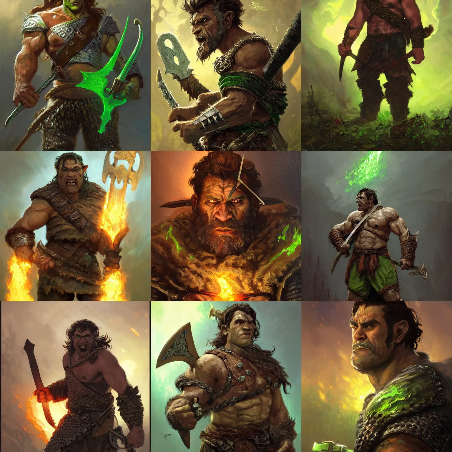Prompt: portrait of a ruggedly handsome half - orc fighter with short brown hair wearing chainmail holding a battleaxe surrounded by green flames, half body, fantasy, highly detailed, digital painting, artstation, concept art, character art, art by greg rutkowski and tyler jacobson and alphonse mucha