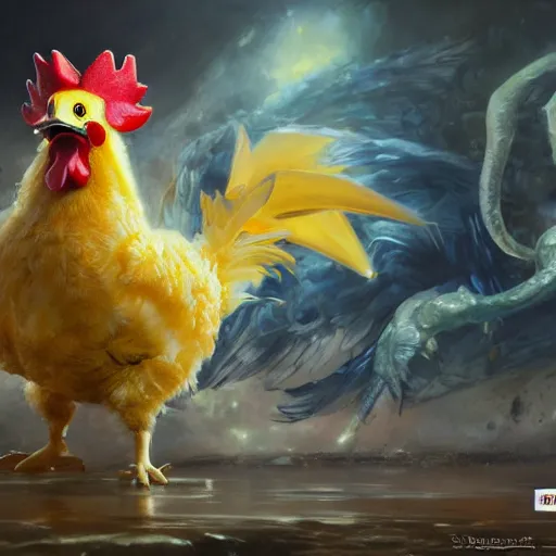 Image similar to expressive oil painting of ( ( ( rooster ) ) ) pikachu chimera, by jean - baptiste monge, octane render by yoshitaka amano, by greg rutkowski, by jeremyg lipkinng, by artgerm