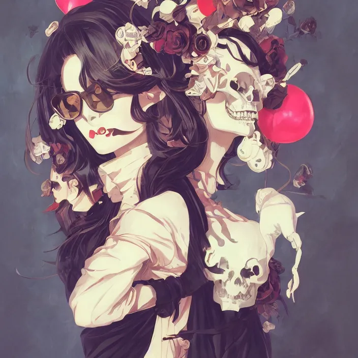 Image similar to anime skull portrait woman, balloons, mucha, hard shadows and strong rim light, art by jc leyendecker and atey ghailan and sachin teng