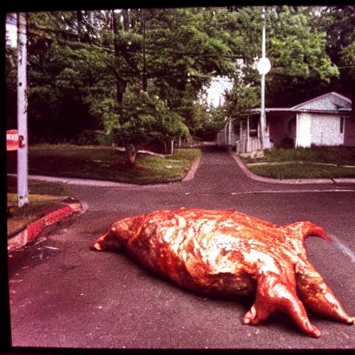 Image similar to 1 9 9 3, disposable camera, flash, suburbia street, giant reptile creature walking, meat, ooze, slime, veins, wet