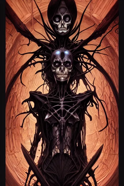 Prompt: artgerm, joshua middleton, mucha, beksinski, flourescent, heavy metal comic cover art, psychedelic triangular skeletal calcification fungus lich, full body, hollow eyes, symmetrical face, long black crown, in a dungeon background, moody dark colors