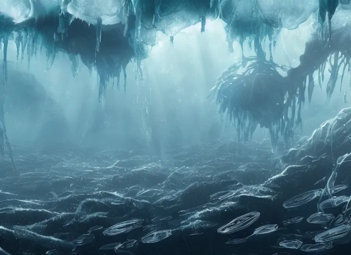 Image similar to lush underwater kelp forest ecosystem beneath the ice of europa, alien plants and fish, award winning photograph, concept art trending on artstation