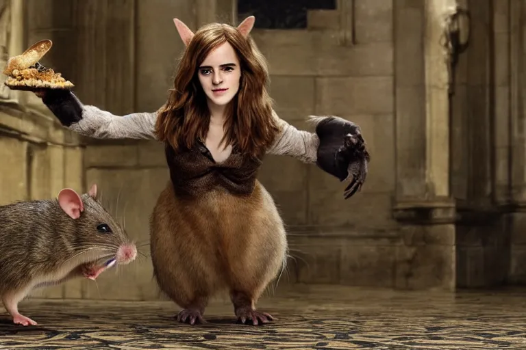 Prompt: photo, emma watson as anthropomorphic furry - rat, 6 5 4 4, she is a real huge fat rat with rat body, cats! are around, eating cheese, highly detailed, intricate details