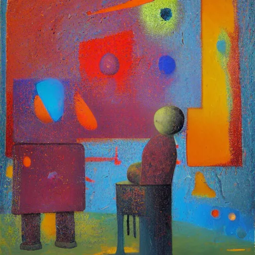 Image similar to an impasto painting by shaun tan of an abstract sculpture by the caretaker and john hoyland