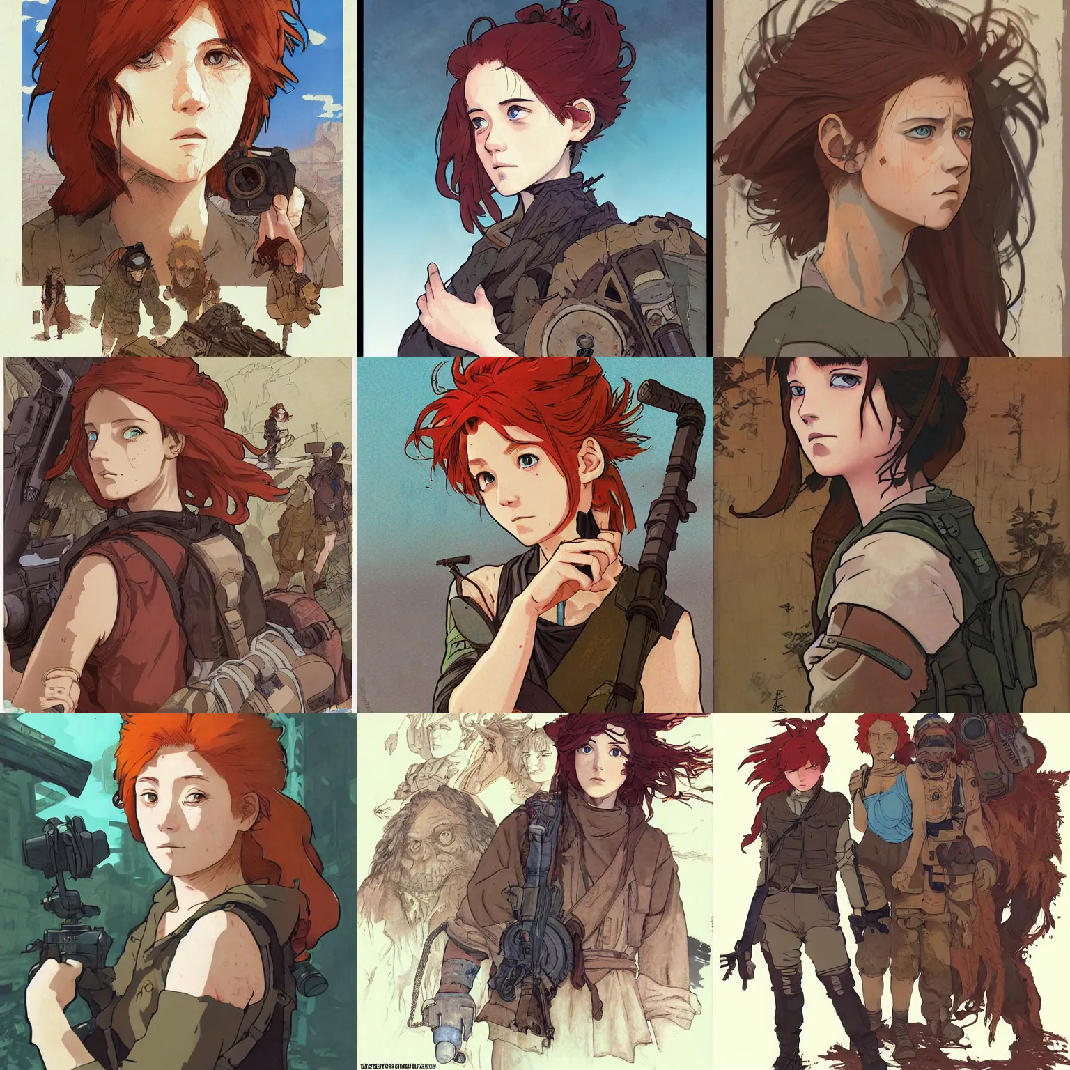 Prompt: post - apocalyptic scavenger, redhead, finely illustrated face, highly detailed, colored pencil, studio ghibli, tankobon, in the style of ilya kuvshinov and tian zi and william - adolphe bouguereau and alphonse mucha