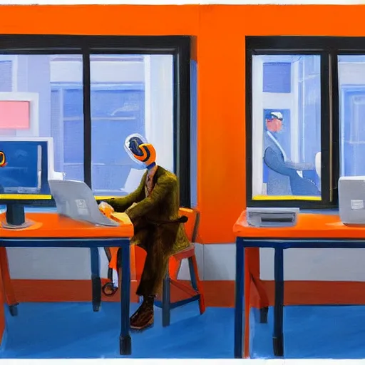 Prompt: A fine art painting of a man wearing Vr goggles dressed in orange overalls and creating the metaverse at a desk with screens, view from outside through a window on a British street. In the style of Edward Hopper and Wes Anderson