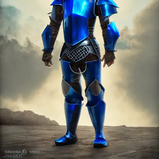 Image similar to knight wearing full blue armor, full helmet with ponytail, blue kiteshield and blue scimitar, matte painting, ultra high detail, realism, 8 k
