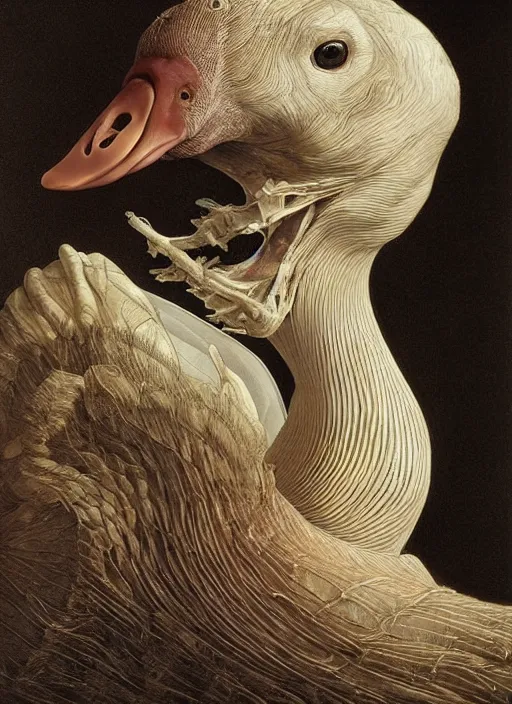 Prompt: portrait of a goose with translucent skin, visible muscles and veins and arteries and bones and spines and nerves, beautiful detailed intricate insanely detailed octane render, 8k artistic photography, photorealistic, chiaroscuro, by David Cronenberg, Raphael, Caravaggio