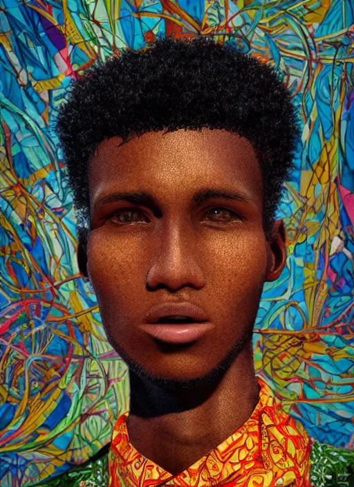 Image similar to closeup portrait of a 2 0 year old somali man, an ultrafine detailed illustration by james jean, intricate linework, bright colors, final fantasy, behance contest winner, vanitas, angular, altermodern, unreal engine 5 highly rendered, global illumination, radiant light, detailed and intricate environment