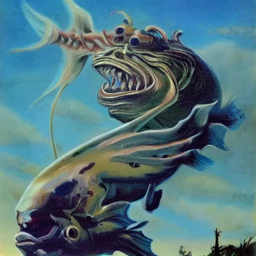 Prompt: giant stargazer fish in the style of frank frazetta