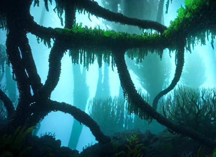 Image similar to underwater forrest. Intricate. Very detailed 8k. Fantasy horror. Sharp. Cinematic post-processing. Unreal engine. Nanite. Ray tracing. Parallax. Tessellation