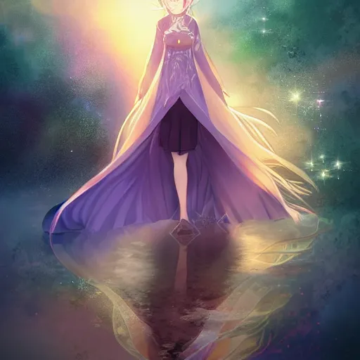 Image similar to advanced digital anime art, Sakimichan , WLOP, RossDraws, a gorgeous woman with long gold and silver hair wearing a violet dress and bare feet walking through a crystal clear river under a starry night, DOF, Gaussian Blur, —H 1024