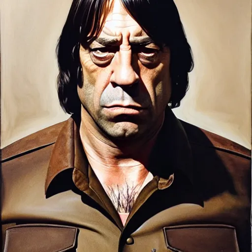 Image similar to javier bardem as anton chigurh in no country for old men. neutral menacing stare. oil painting by lucian freud. path traced, highly detailed, high quality, j. c. leyendecker, drew struzan tomasz alen kopera, peter mohrbacher, donato giancola