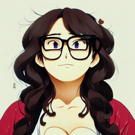 Prompt: An anime portrait of a chubby, plus-sized, beautiful happy Latina woman with shoulder-length curly dark brown hair, brown eyes, normal nose, glasses, wearing a T-shirt, closed-mouth smile, by Stanley Artgerm Lau, WLOP, Rossdraws, James Jean, Andrei Riabovitchev, Marc Simonetti, and Sakimi chan, trending on artstation