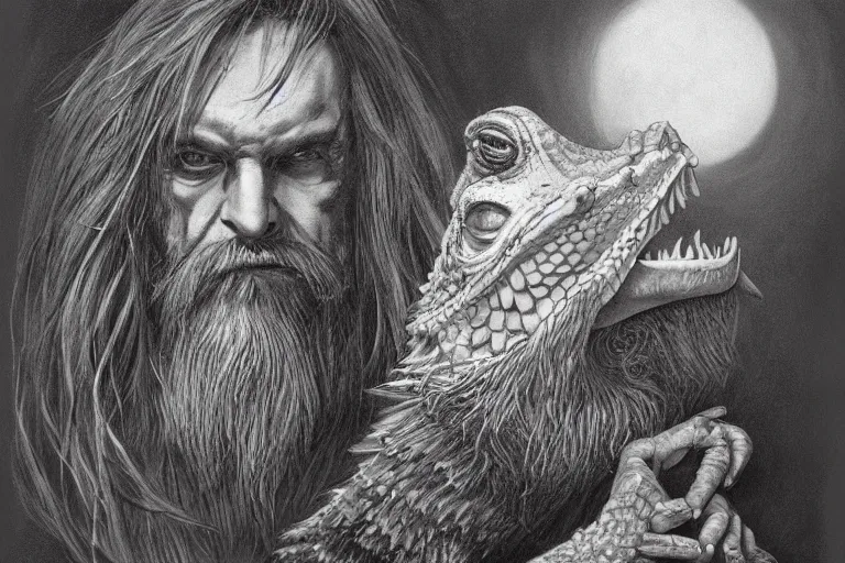 Image similar to 1979 Portrait of a wizard with the head of a bearded dragon fantasy style by Chris Rahn. Trending on r/characterdrawing