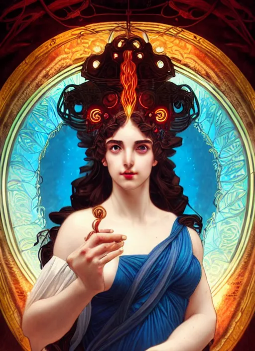 Prompt: the greek goddess hestia with hair made of fire, steampunk, glowing eyes, beautiful eyes, volumetric lights, red and cyan theme, art nouveau botanicals, intricate, highly detailed, digital painting, artstation, concept art, smooth, sharp focus, cinematic, illustration, beautiful face, art by artgerm and greg rutkowski and alphonse mucha
