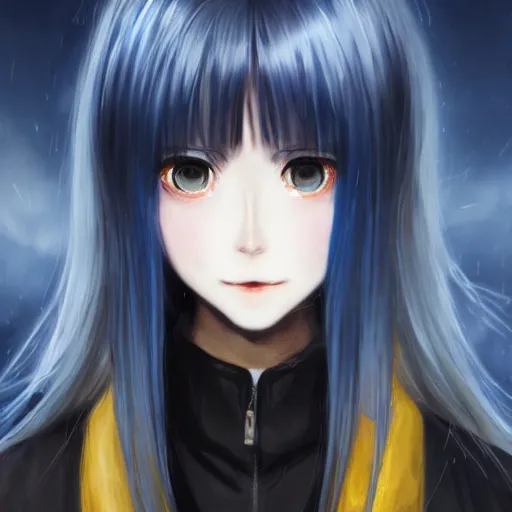 Prompt: full face shot of rimuru tempest, sky blue straight hair, long bangs, with bright amber eyes, wearing a fancy black jacket, high collar, ultra detailed, brush strokes, digital painting, cinematic, wlop artstation, closeup, pixiv, intense, intimidating glare, overpowering, yoshitaka amano, junji ito,