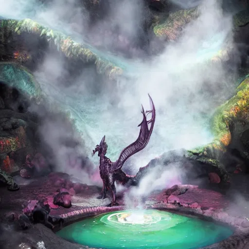 Prompt: a black dragon in the middle of a colorful geothermal hotspring in a cavern, featured on artstation