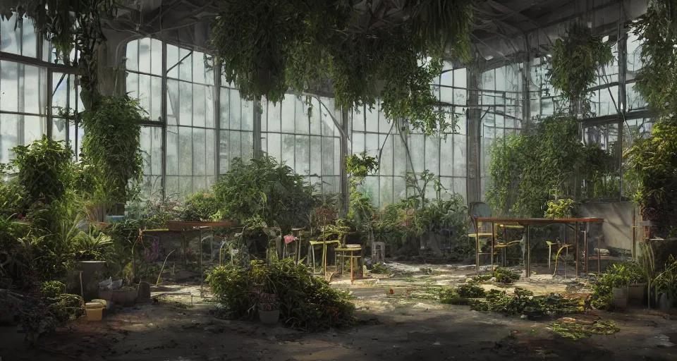 Prompt: night in a broken greenhouse with dead plants, table in the center by Stefan Koidl. octane Render, artstation, wallpaper, volumetric light..