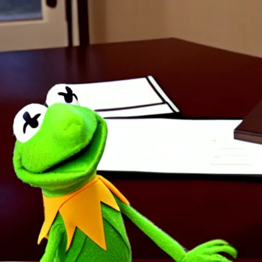 Image similar to Kermit the frog as President sitting in the Oval Office signing papers wearing a suit and tie