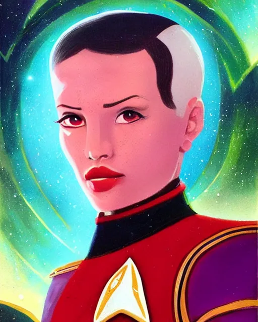 Prompt: Portrait of an Asari as a Starfleet officer by Paul Lehr