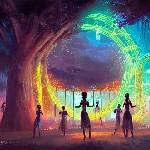 Prompt: african women dancing around a glowing, energized, steampunk neon portal near the electric tree of life in a lightning storm, by greg rutkowski. oil on canvas, afropunk!, afrofuturism, detailed and intricate environment, radiant lighting. highly detailed. masterpiece